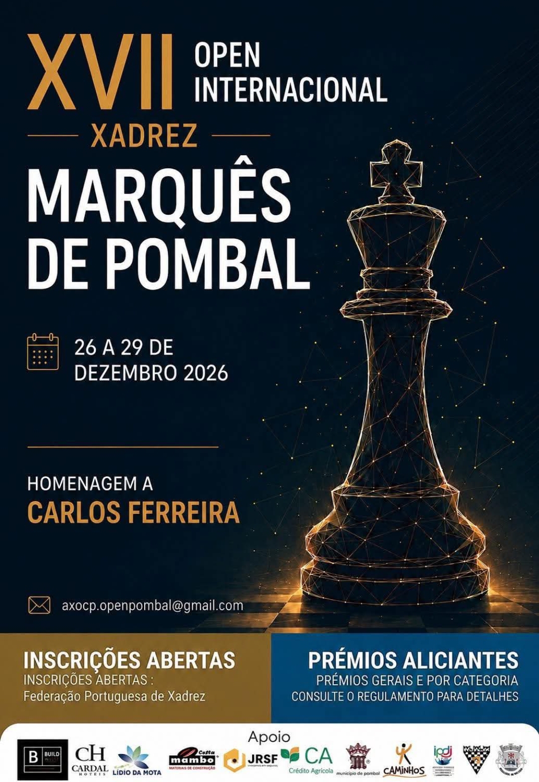 Cartaz do XVII Open Internacional de Xadrez Marquês de Pombal, 26 a 29 de dezembro de 2026, homenagem a Carlos Ferreira